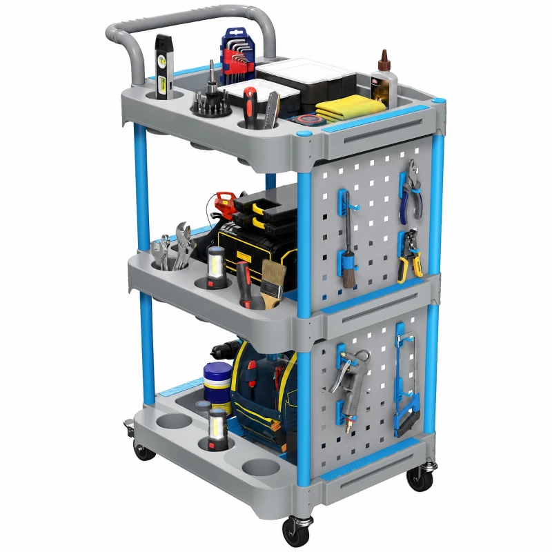 HOMCOM 3-Tier Rolling Tool Cart with Pegboard and Hooks, 286 LBS Capacity, Mobile Organizer, Gray and Blue