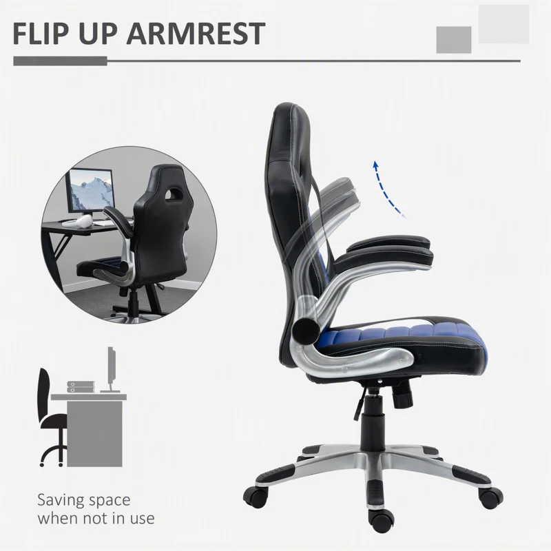 HOMCOM Racing Gaming Chair PU Leather Gamer Chair with Adjustable Height, Flip Up Armrest, Blue