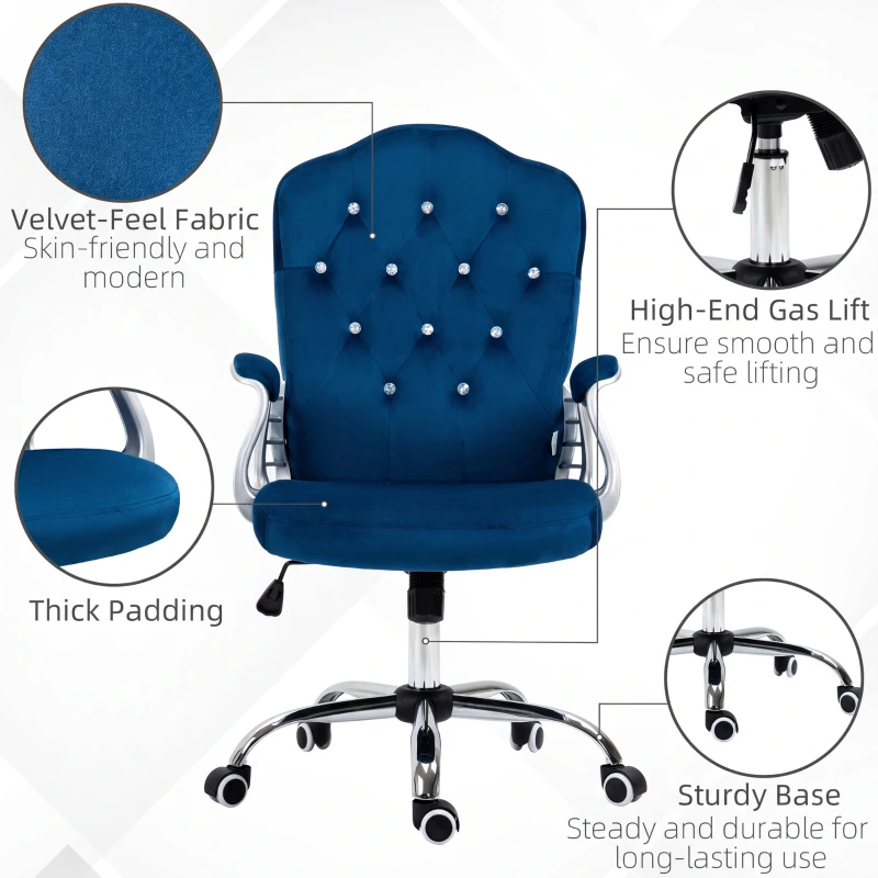 Vinsetto Office Chair, Velvet Computer Desk Chair with Swivel Wheels, Adjustable Height, Tilt Function, Dark Blue