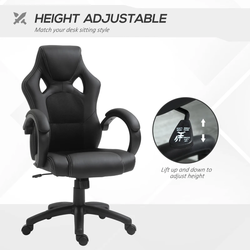 HOMCOM Racing Gaming Chair Computer Gamer Chair with Swivel Wheels, Padded Headrest, Tilt Function, Black