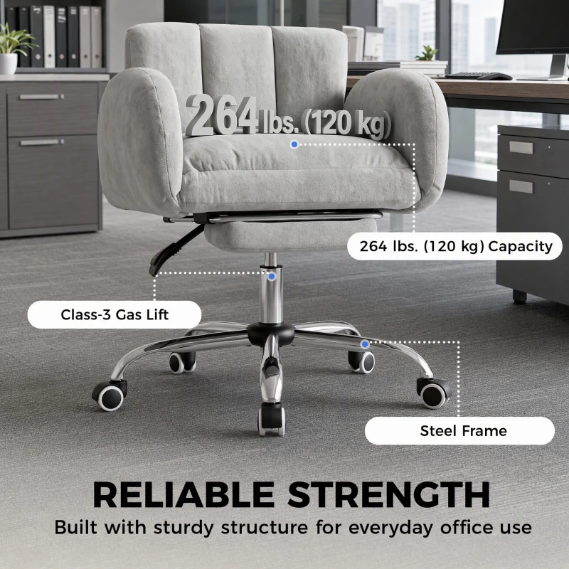 HOMCOM wide-seat Office Chair with Footrest, 90°-180° Flip Armrests, Task Desk Chair, Light Grey