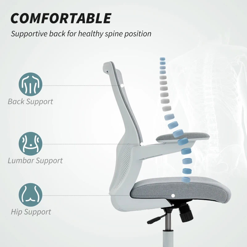 HOMCOM Ergonomic Office Chair, Swivel Desk Chair with Adjustable Lumbar Support and Height, Flip-up Armrests, Wheels, Grey