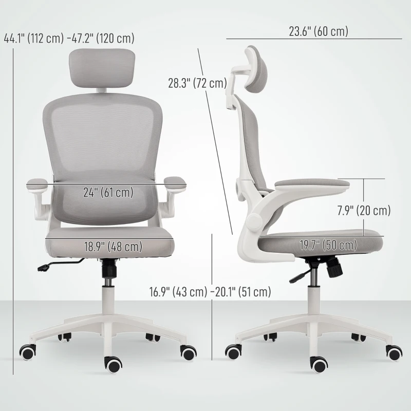 HOMCOM Ergonomic Mesh Office Chair, High Back Desk Chair with Rotatable Headrest, Flip-Up Armrests, Lumbar Support, Grey, White