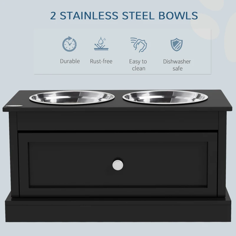 PawHut Elevated Dog Bowls with Storage Drawer, Raised Dog Bowl Stand Pet Food Bowl Dog Feeding Station, Black