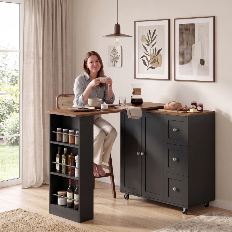 HOMCOM Bar Table with Storage Counter Height Table 3 Drawers Side Shelves, Walnut and Black