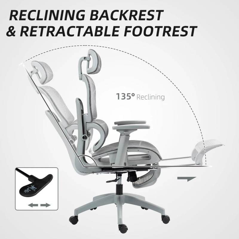 HOMCOM Ergonomic Office Chair with Lumbar Support, Mesh Office Chair with 3D Armrest, 135° Reclining, Adjustable Headrest, Grey
