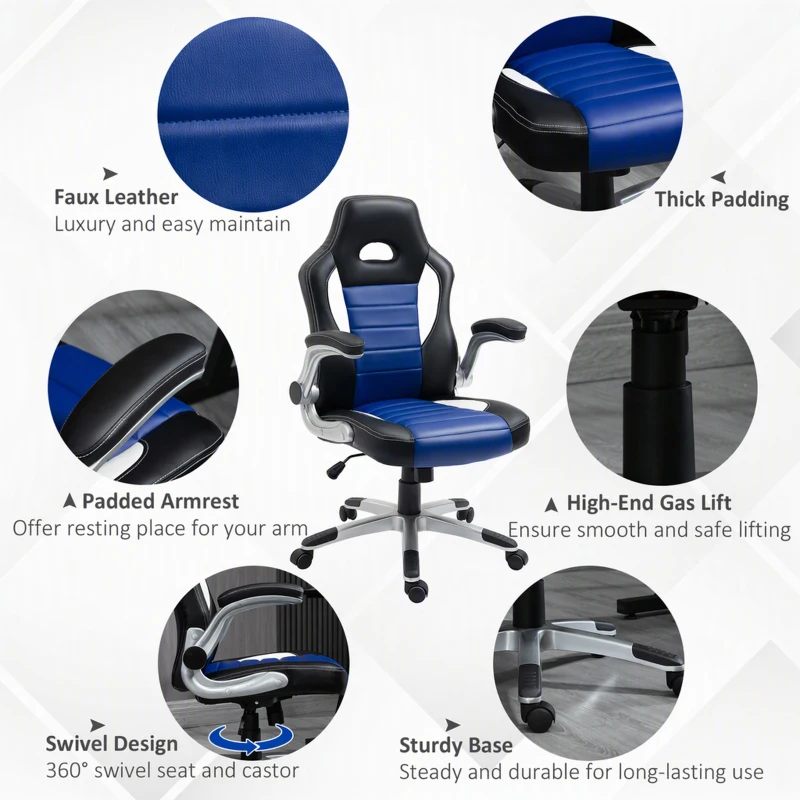 HOMCOM Racing Gaming Chair PU Leather Gamer Chair with Adjustable Height, Flip Up Armrest, Blue