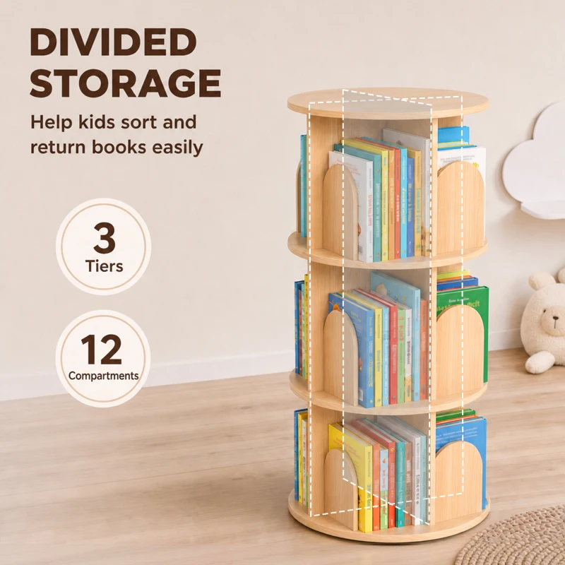 Qaba 3-Tier Rotating Bookshelf, 360° Rotating Floor-Standing Revolving Bookcase for Bedroom, Nursery, Playroom, Natural