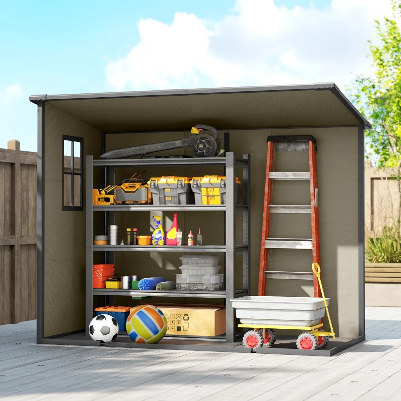 Outsunny 8' x 4' Plastic Outdoor Storage Shed with Floor, Window, Lockable Doors and Vents for Backyard Patio Lawn, Light Brown