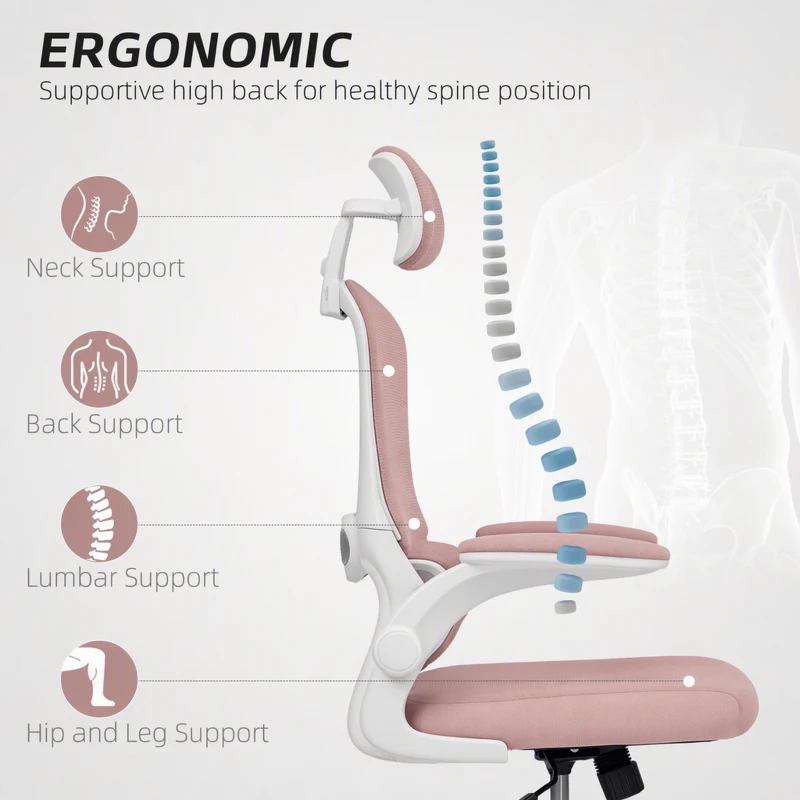 HOMCOM Ergonomic Mesh Office Chair, High Back Desk Chair with Rotatable Headrest, Flip-Up Armrests, Lumbar Support, Pink