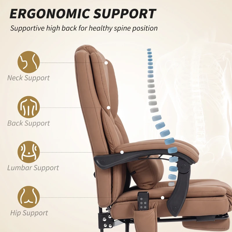 HOMCOM Office Chair with Massage, Scratch-resistant Faux Leather Reclining Desk Chair with Lumbar Support, Footrest, Brown
