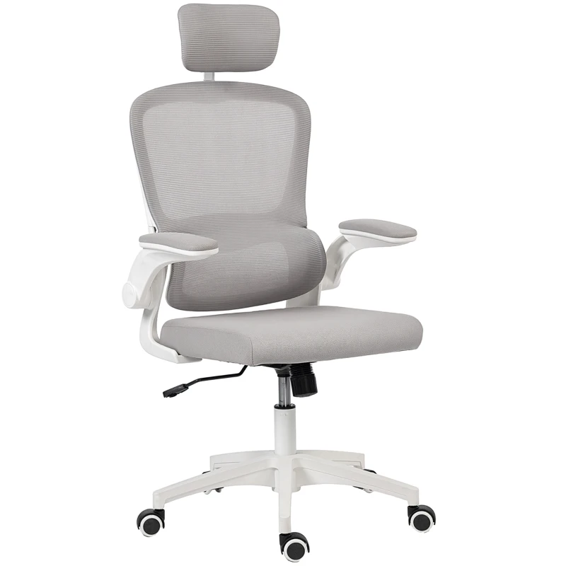 HOMCOM Ergonomic Mesh Office Chair, High Back Desk Chair with Rotatable Headrest, Flip-Up Armrests, Lumbar Support, Grey, White