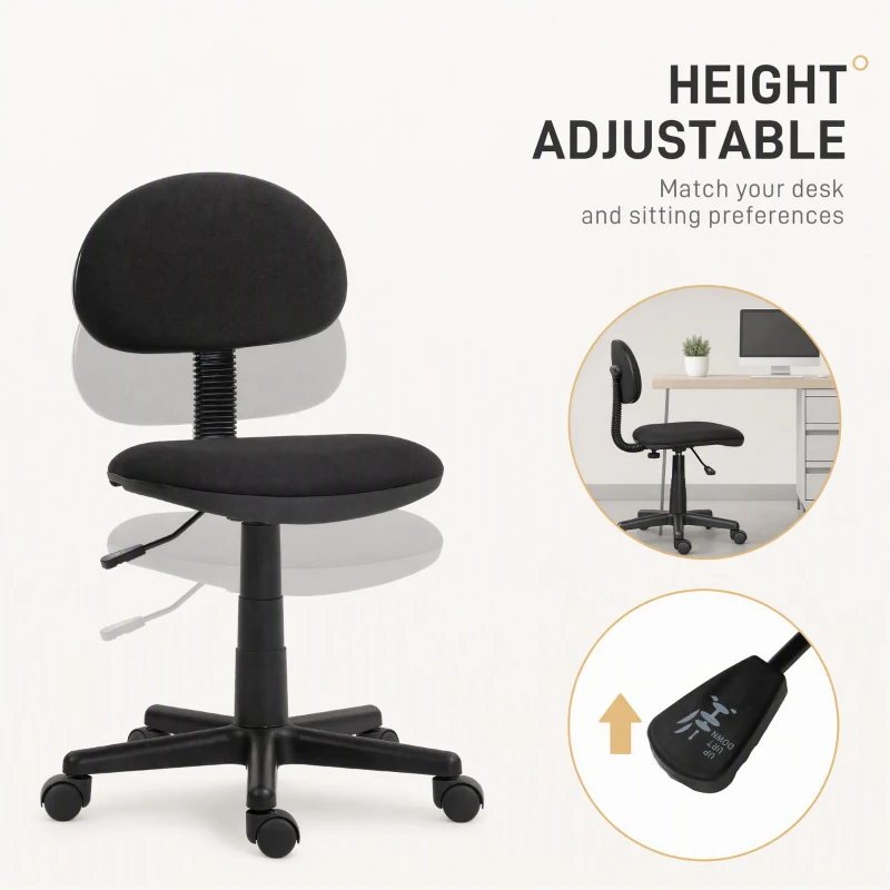 HOMCOM Small Desk Chair, Armless Office Chair with Adjustable Height, 360° Swivel Wheels, Low Back for Small Spaces, Black
