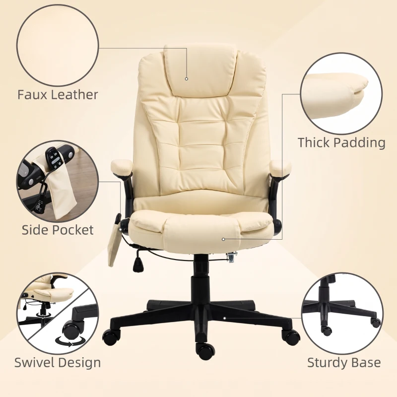 HOMCOM Office Chair Adjustable Heated Ergonomic Massage Swivel Vibrating High Back Leather Executive Chair Office Furniture (Beige)
