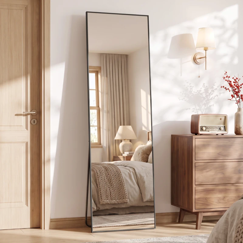 HOMCOM 64"x20" Full Length Mirror, Tempered Glass Floor Mirror with Stand, Standing, Hanging or Leaning Against Wall, Black