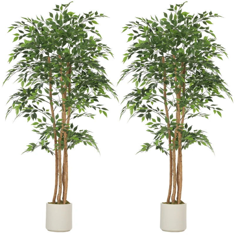 HOMCOM 6FT Artificial Banyan Tree Set of 2, Fake Potted Tree with Solid Wood Trunk and Pot for Indoor