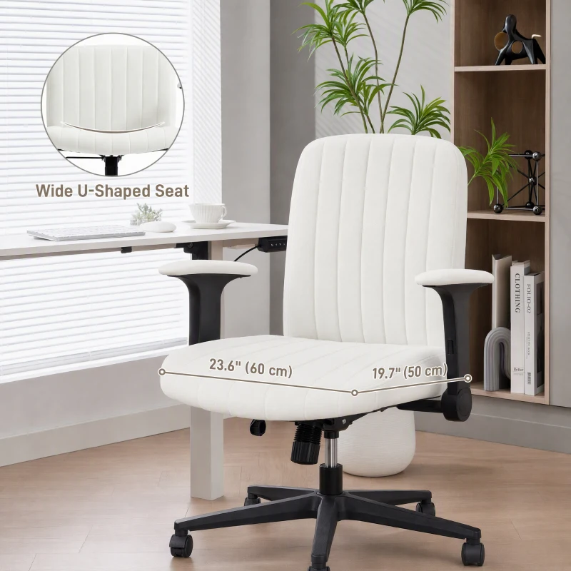 HOMCOM Armless Office Chair with Flip-up Armrests, Wheels, Wide Office Chair with Adjustable Height, Tilting, Cream White