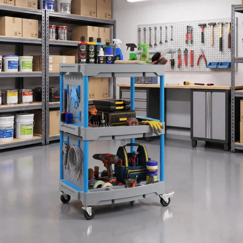 HOMCOM 3-Tier Rolling Tool Cart with Pegboard and Hooks, 286 LBS Capacity, Mobile Organizer, Gray and Blue