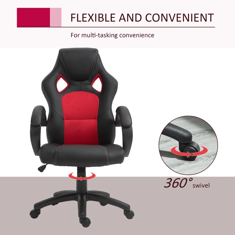 HOMCOM Racing Gaming Chair Office Chair Computer Gamer Chair with Swivel Wheels, Padded Headrest, Tilt Function, Red