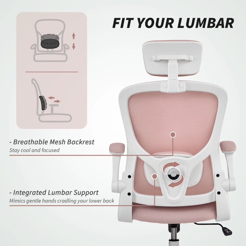 HOMCOM Ergonomic Office Chair, Mesh Desk Chair with Adjustable Headrest, Lumbar Support and Height, Flip-Up Armrests, Pink
