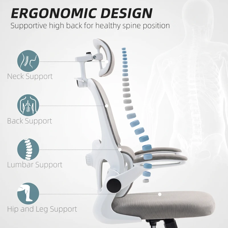 HOMCOM Mesh Office Chair, Ergonomic Desk Chair with Flip-up Armrest, Rotatable Headrest, Adjustable Lumbar Support, Grey