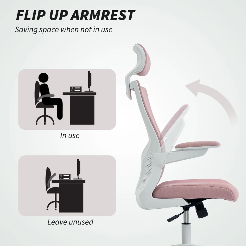 HOMCOM Ergonomic Office Chair, Swivel Desk Chair with Adjustable Lumbar Support, Headrest and Height, Flip-up Armrests, Pink