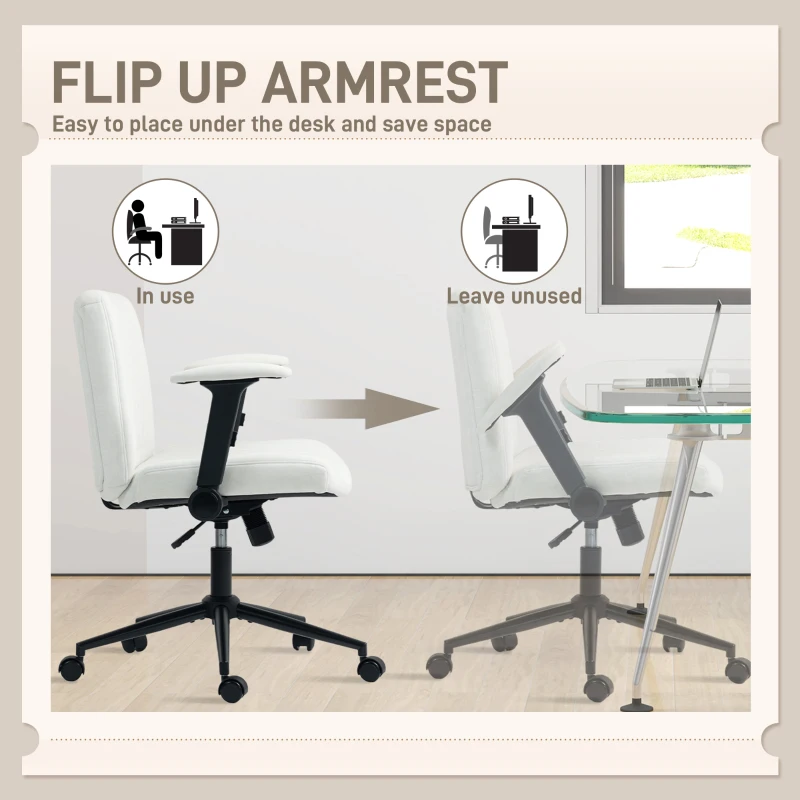 HOMCOM Armless Office Chair with Flip-up Armrests, Wheels, Wide Office Chair with Adjustable Height, Tilting, Cream White