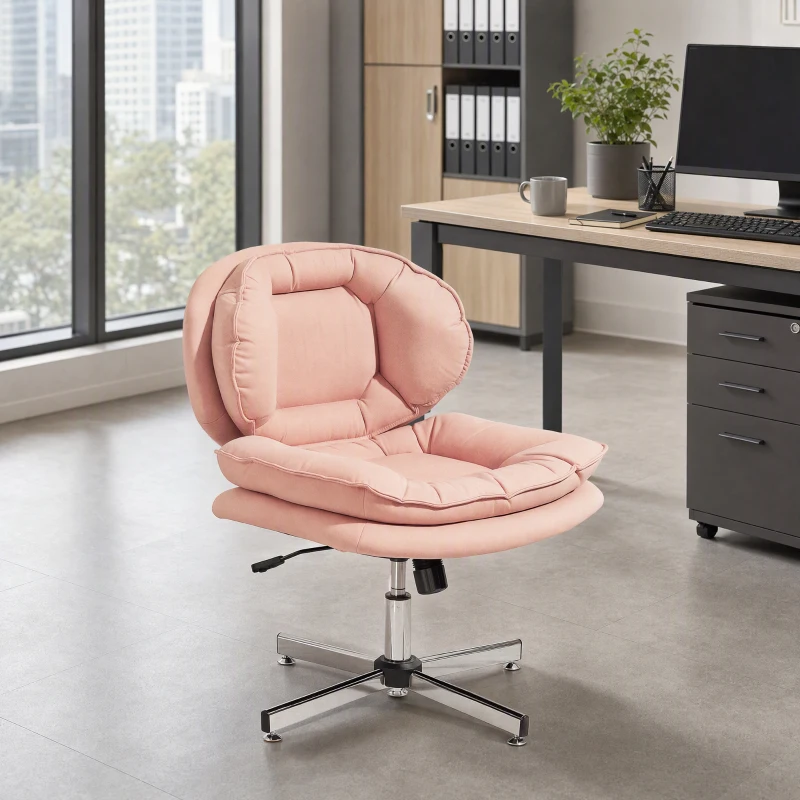 HOMCOM Armless Office Chair, Armless Wide Office Chair with Leathaire Upholstery, Tilting, No Wheels, Pink
