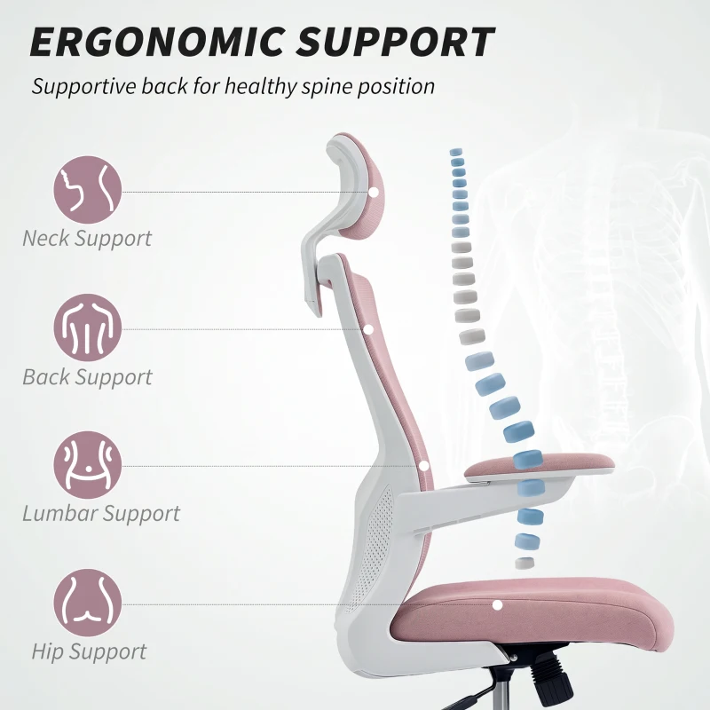 HOMCOM Ergonomic Office Chair, Swivel Desk Chair with Adjustable Lumbar Support, Headrest and Height, Flip-up Armrests, Pink