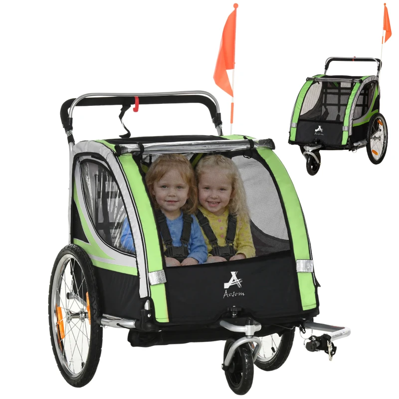 Aosom 2 Seat Bike Trailer for Kids 2-in-1 Double Baby Stroller with Handbrake, Rubber Wheels, 5 Point Harness, Green