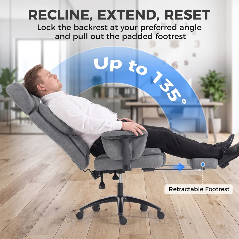 HOMCOM 495LBS Heavy Duty Office Chair with Footrest, Lumbar Support, Spring Cushion, Height Adjustable, Grey