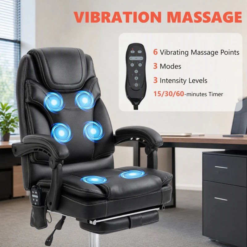 Vinsetto 6 Point Vibration Massage Office Chair, PU Leather Heated Reclining Computer Chair with Footrest, Black