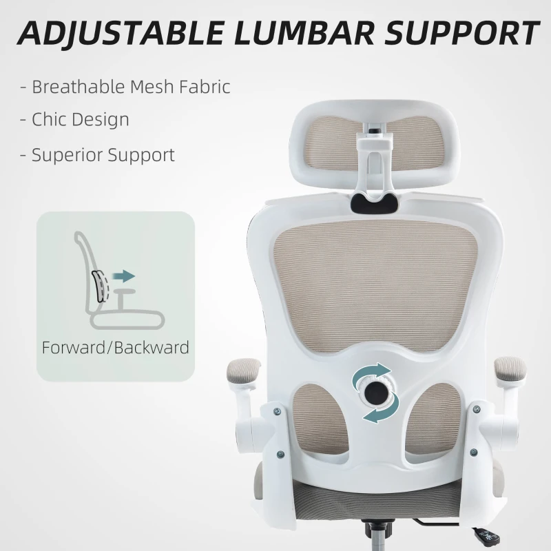 HOMCOM Mesh Office Chair, Ergonomic Desk Chair with Flip-up Armrest, Rotatable Headrest, Adjustable Lumbar Support, Grey