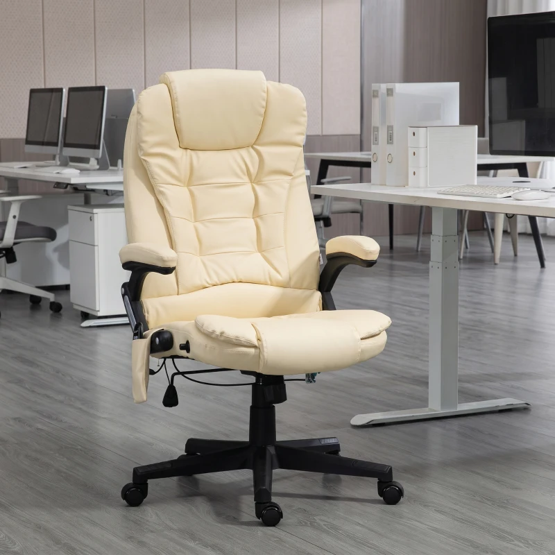 HOMCOM Office Chair Adjustable Heated Ergonomic Massage Swivel Vibrating High Back Leather Executive Chair Office Furniture (Beige)