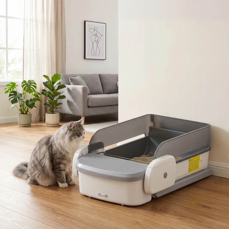 PawHut Automatic Cat Litter Box, Self Cleaning Litter Box with App Control, Open-Top, Grey