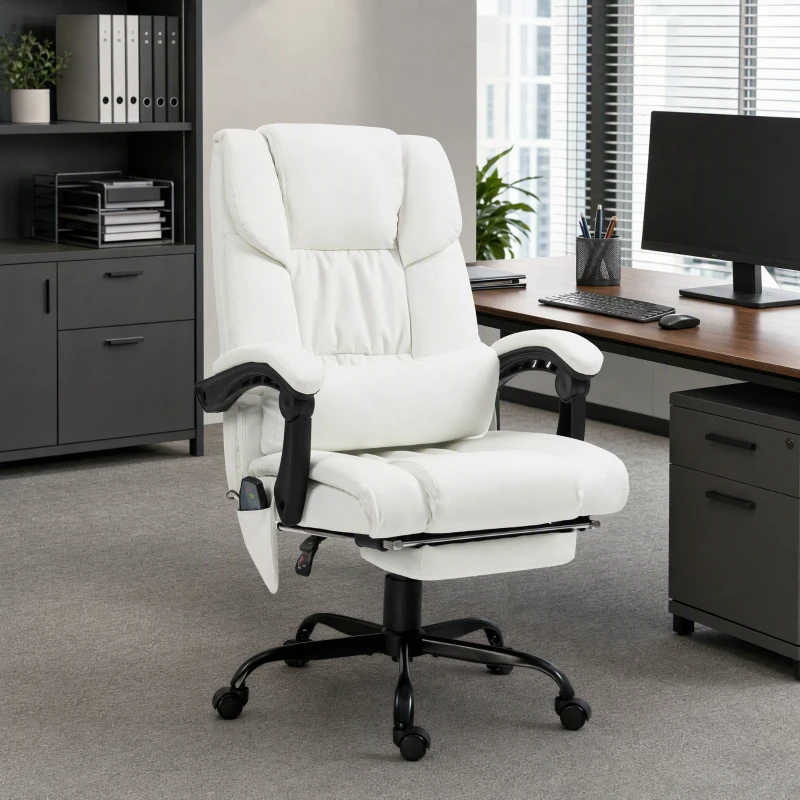 Vinsetto 6-Point Vibration Massage Chair, Height Adjustable Reclining Computer Chair with Retractable Footrest, White