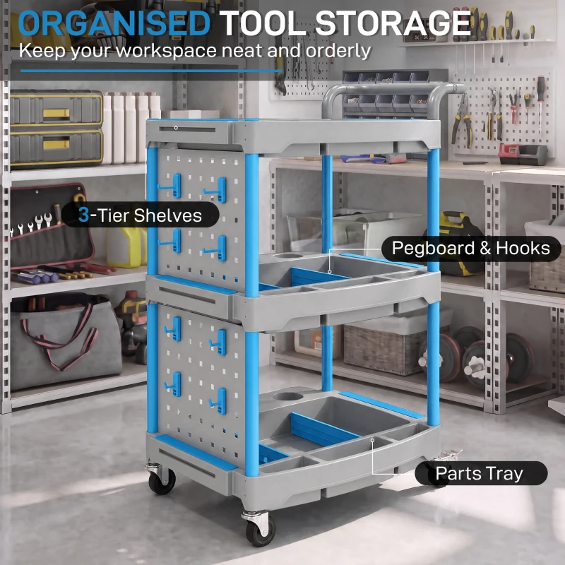 HOMCOM 3-Tier Rolling Tool Cart with Pegboard and Hooks, 286 LBS Capacity, Mobile Organizer, Gray and Blue