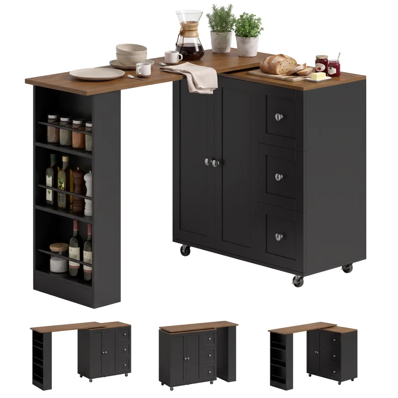 HOMCOM Bar Table with Storage Counter Height Table 3 Drawers Side Shelves, Walnut and Black