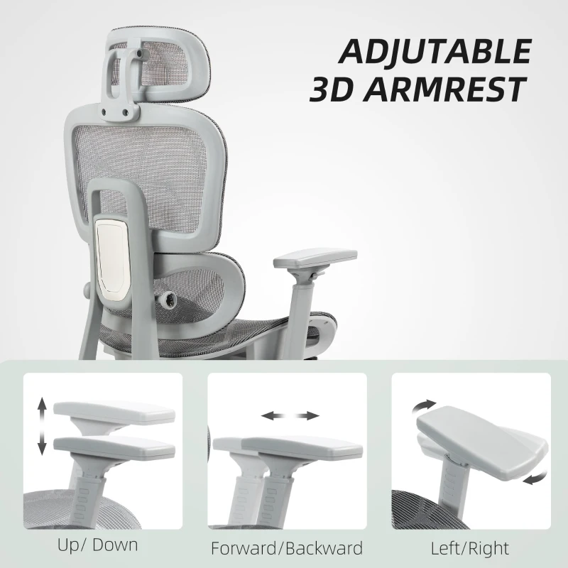 HOMCOM Ergonomic Office Chair with Lumbar Support, Mesh Office Chair with 3D Armrest, 135° Reclining, Adjustable Headrest, Grey