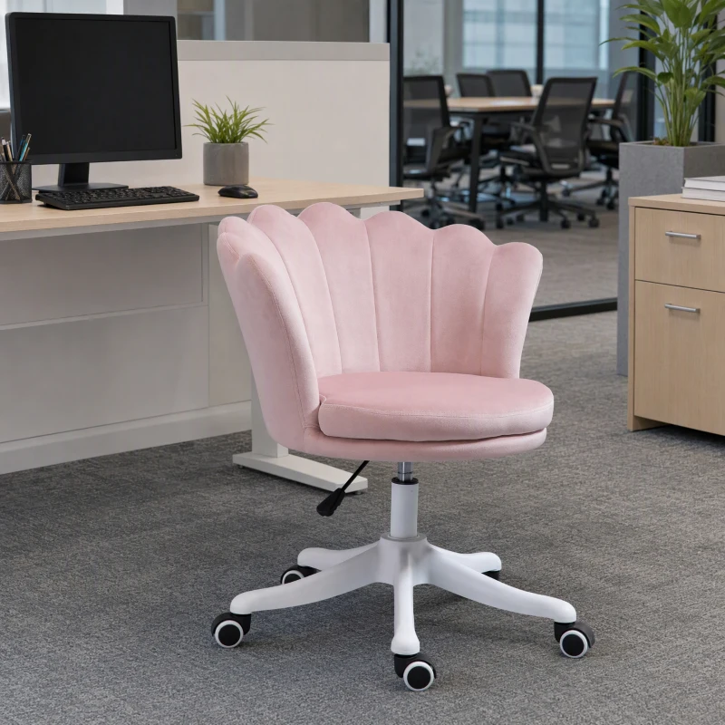 HOMCOM Adjustable Height work Chair, Mid Back Velvet Office Chair with Swivel Wheels, Pink