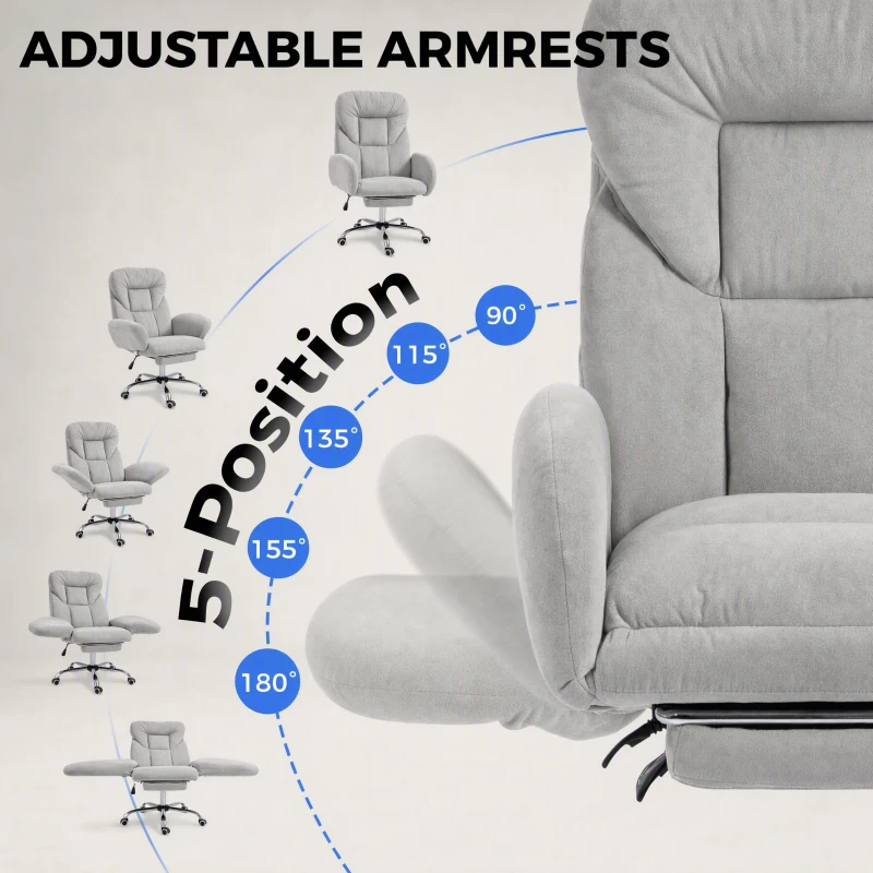 HOMCOM wide-seat Office Chair with Footrest, 90°-180° Flip Armrests, Task Desk Chair, Light Grey