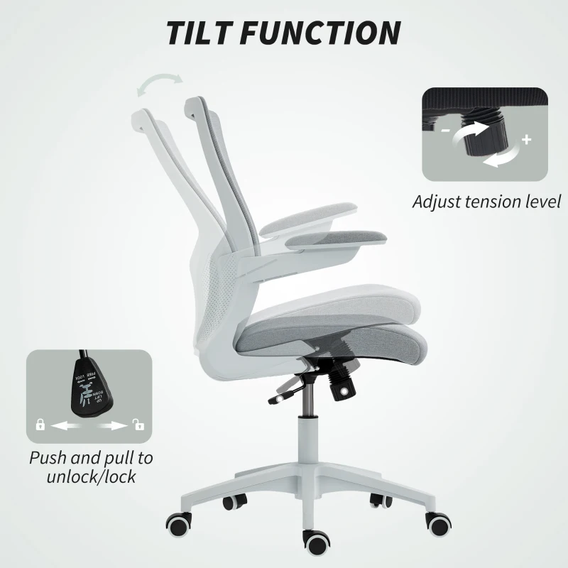 HOMCOM Ergonomic Office Chair, Swivel Desk Chair with Adjustable Lumbar Support and Height, Flip-up Armrests, Wheels, Grey