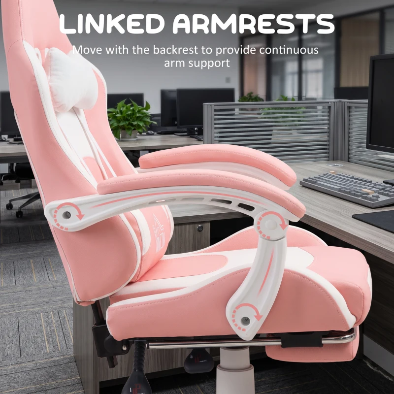 HOMCOM Cute Racing Gamer Chair, Faux Leather Gaming Chair with Footrest, Headrest and Lumbar Support, Pink