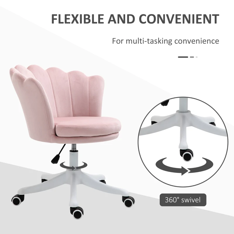 HOMCOM Adjustable Height work Chair, Mid Back Velvet Office Chair with Swivel Wheels, Pink