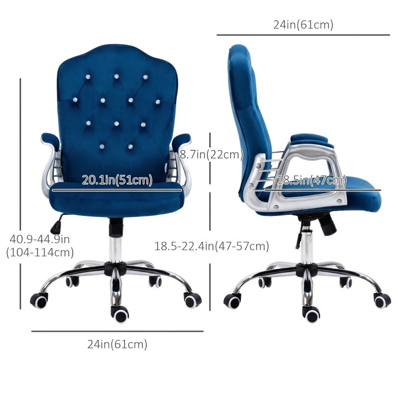 Vinsetto Office Chair, Velvet Computer Desk Chair with Swivel Wheels, Adjustable Height, Tilt Function, Dark Blue