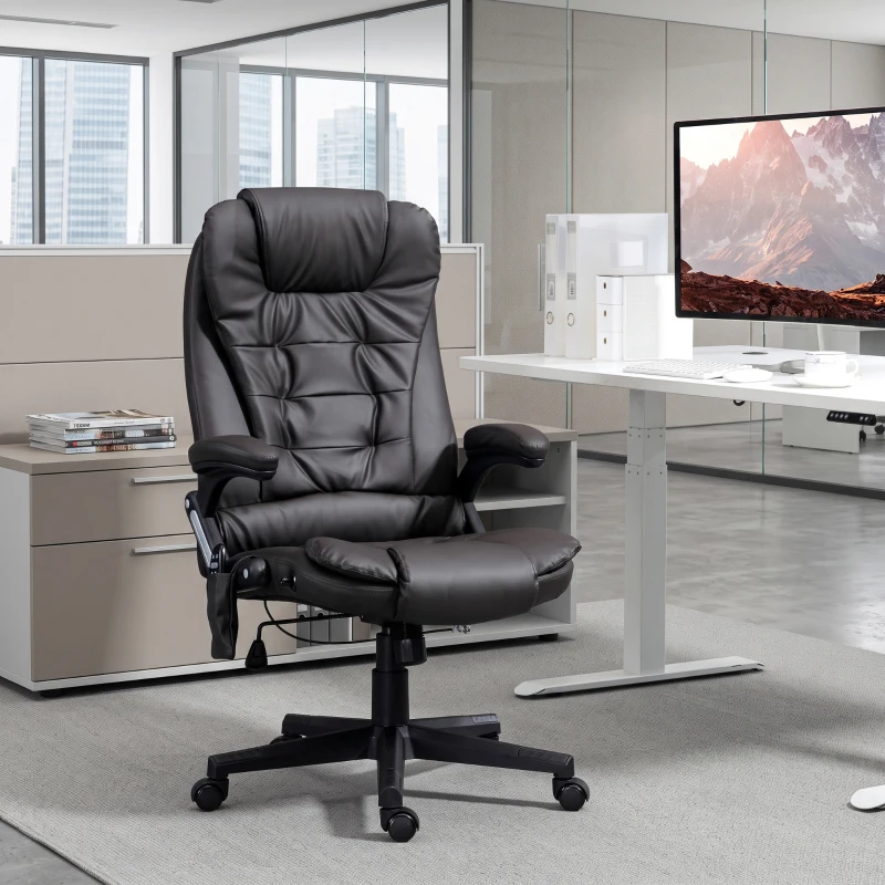 HOMCOM Office Chair Heated Ergonomic Massage Swivel Vibrating High Back Faux Leather Executive Chair Office (Brown)