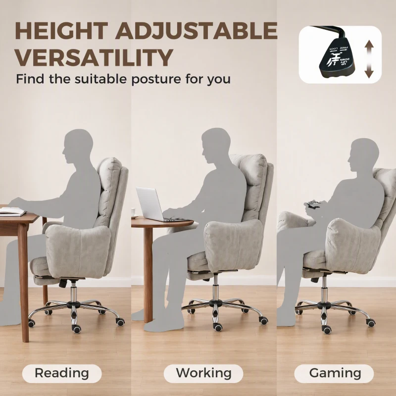 HOMCOM Office Chair with Foot Rest, Ergonomic Reclining Computer work Chair w/ Snow Flannel Fabric, Thick Cushion, Light Grey