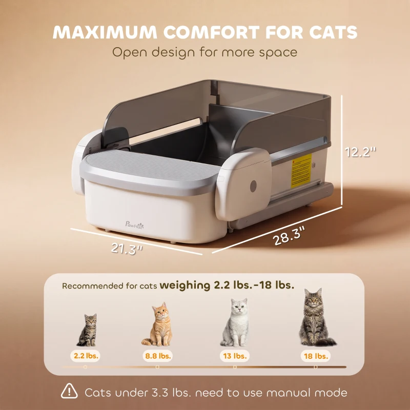 PawHut Self Cleaning Cat Litter Box, Automatic Litter Box with App Control, Open-Top, 10L Waste Bin, Gray