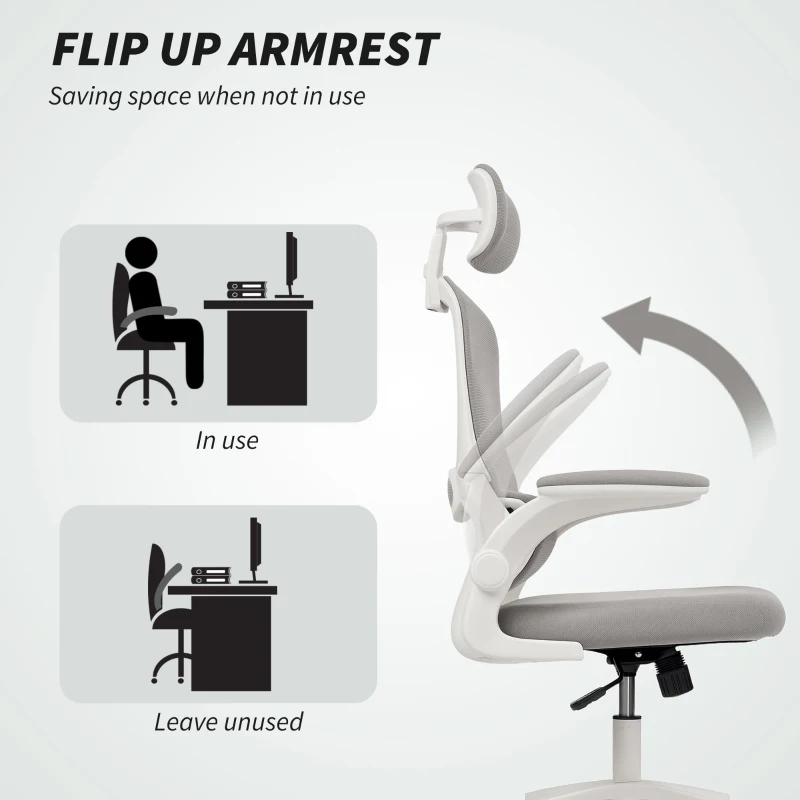 HOMCOM Ergonomic Mesh Office Chair, High Back Desk Chair with Rotatable Headrest, Flip-Up Armrests, Lumbar Support, Grey, White