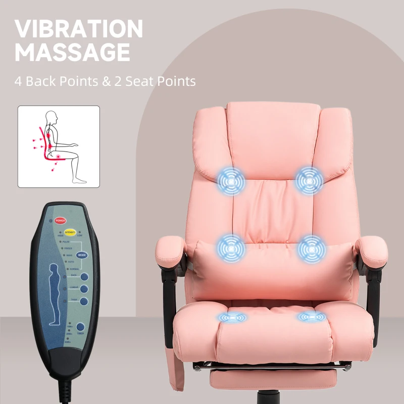 Vinsetto 6-Point Vibration Massage Chair, Height Adjustable Reclining Computer Chair with Retractable Footrest, Pink